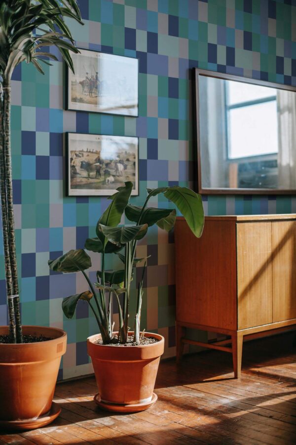 Mid-century modern style living room decorated with Turquoise and gray geometry peel and stick wallpaper