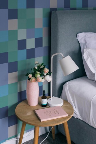 Rustic style bedroom decorated with Turquoise and gray geometry peel and stick wallpaper