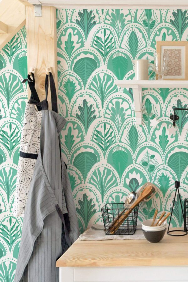 Minimal scandinavian style kitchen decorated with Turquoise art deco peel and stick wallpaper