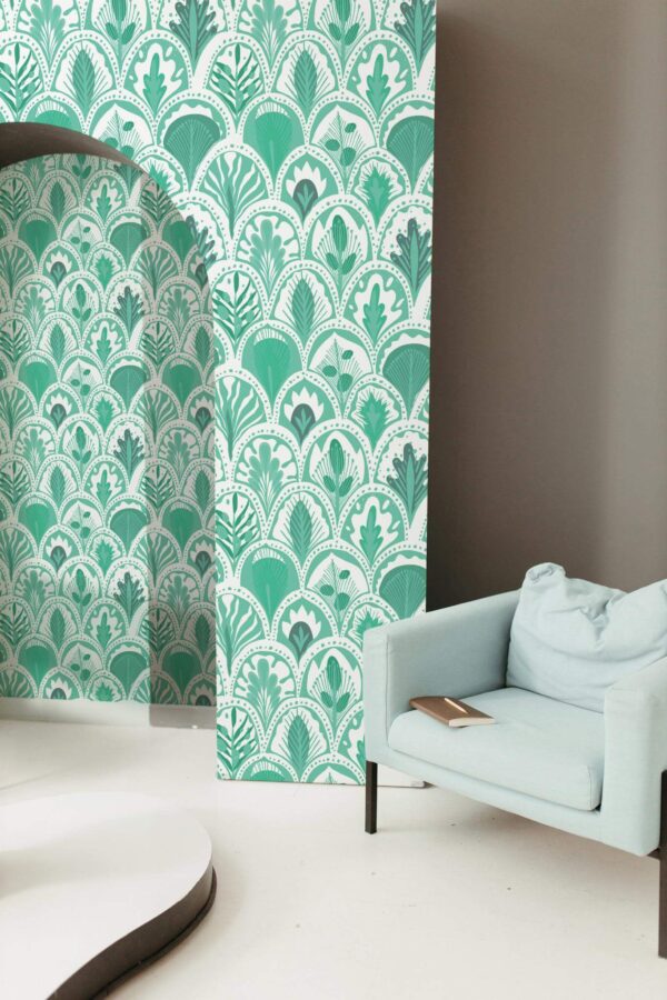 Mondern boho style living room decorated with Turquoise art deco peel and stick wallpaper