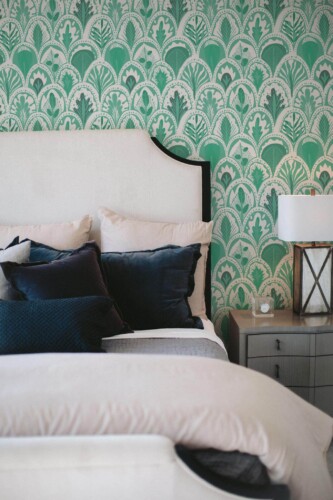 Shabby chic style bedroom decorated with Turquoise art deco peel and stick wallpaper