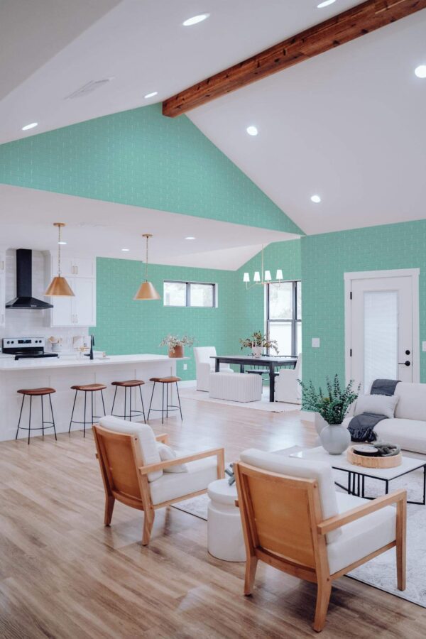 Contemporary style living room and kitchendecorated with Turquoise brick peel and stick wallpaper