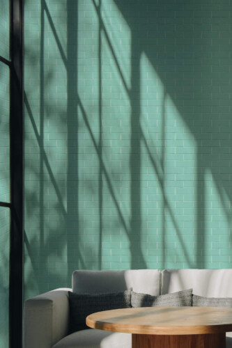 Scandinavian style living room decorated with Turquoise brick peel and stick wallpaper