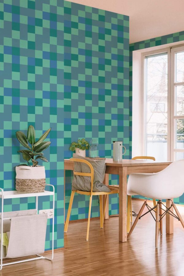 Minimal scandinavian style dining room decorated with Turquoise checkers peel and stick wallpaper