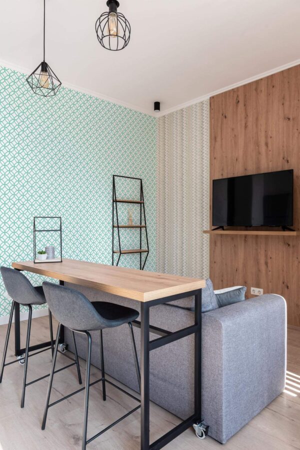 Scandinavian style open living room decorated with Turquoise circles peel and stick wallpaper