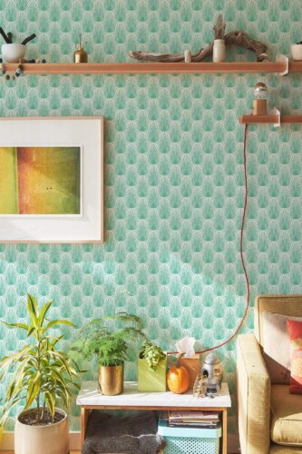 Southwestern style living room decorated with Turquoise feathers peel and stick wallpaper