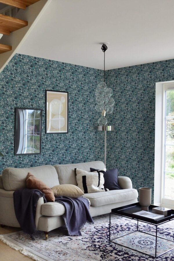 Contemporary style living room and kitchendecorated with Turquoise terrazzo peel and stick wallpaper