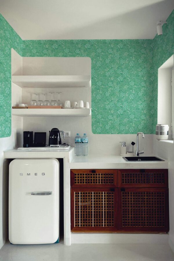 Rustic minimal style kitchen decorated with Turquoise vintage flowers peel and stick wallpaper
