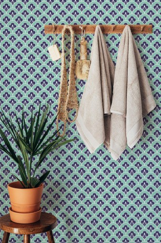 Boho style bathroom decorated with Turquoise vintage peel and stick wallpaper