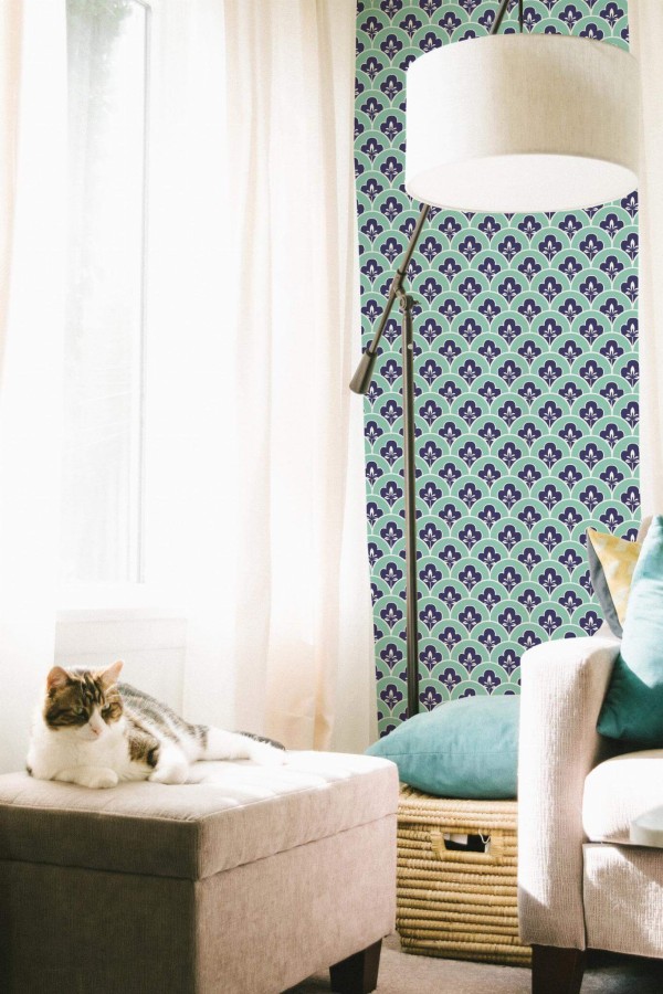 Coastal style living room decorated with Turquoise vintage peel and stick wallpaper