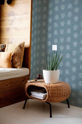 Mid-century modern style bedroom decorated with Turtles peel and stick wallpaper