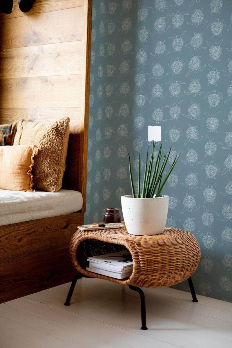 Mid-century modern style bedroom decorated with Turtles peel and stick wallpaper