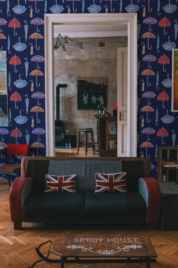 Industrial rustic style living dining room decorated with Umbrella peel and stick wallpaper