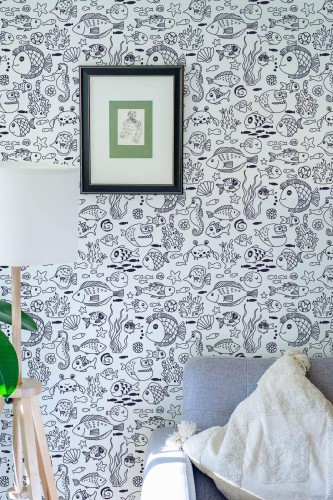 Eastern European style living room decorated with Underwater life peel and stick wallpaper