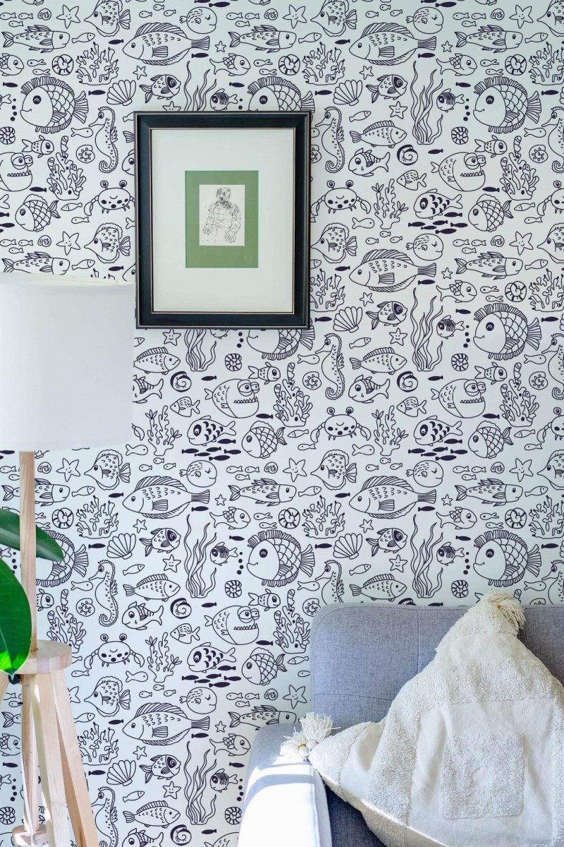 Eastern European style living room decorated with Underwater life peel and stick wallpaper