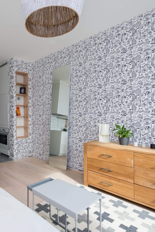 Scandinavian style small apartment decorated with Underwater life peel and stick wallpaper
