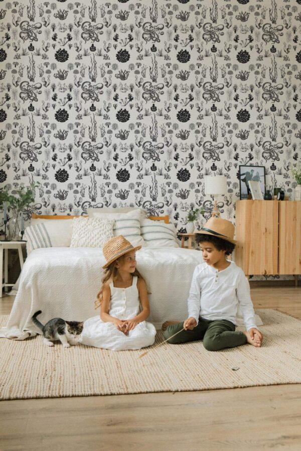 Scandinavian style bedroom decorated with Underwater world peel and stick wallpaper