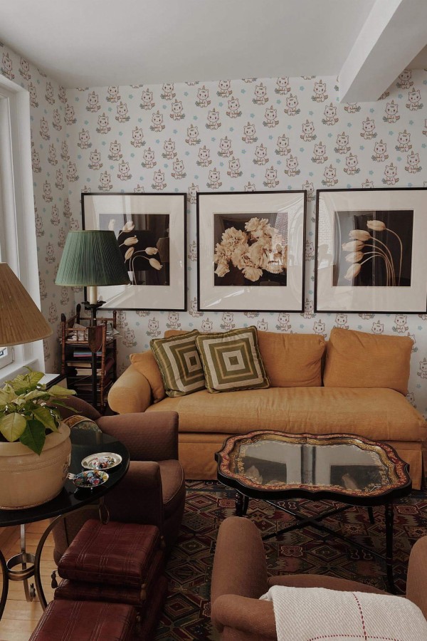 Mid-century eclectic style living room decorated with Unicorn cat peel and stick wallpaper