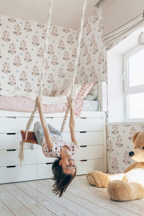 Minimal scandinavian style kids room decorated with Unicorn cat peel and stick wallpaper