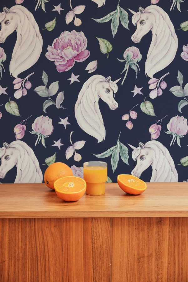Mid-century style living room decorated with Unicorn nursery peel and stick wallpaper