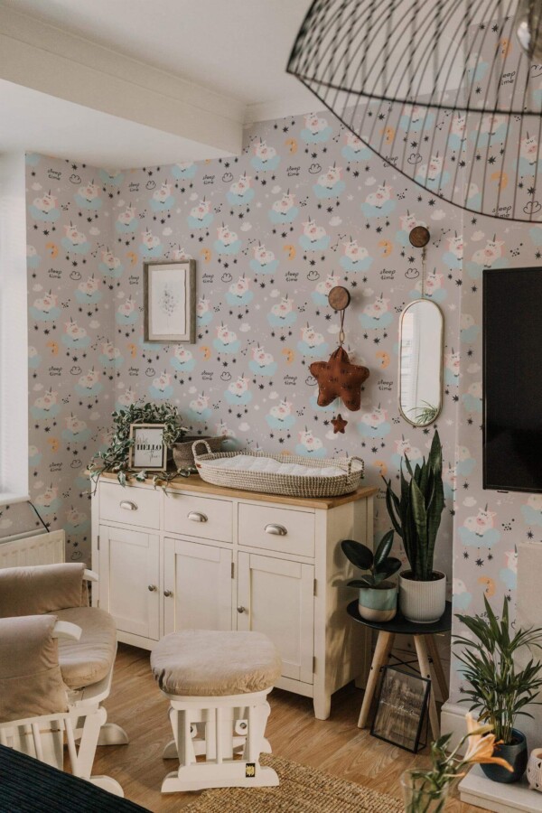 Neutral style nursery decorated with Unihorn peel and stick wallpaper