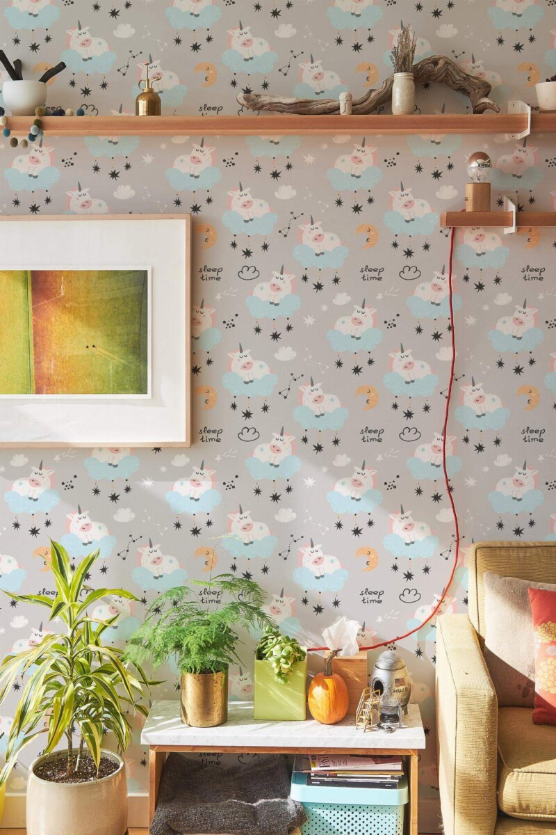 Southwestern style living room decorated with Unihorn peel and stick wallpaper