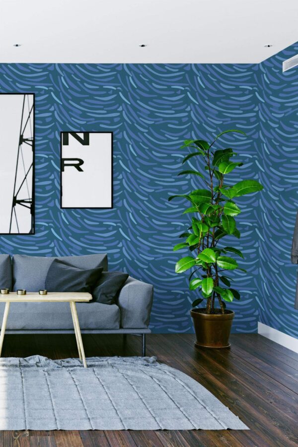 Modern scandinavian style living room decorated with Van Gogh inspired peel and stick wallpaper