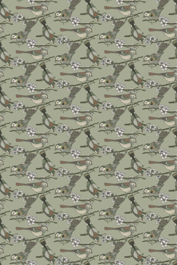 Sage Green Bird traditional wallpaper in green by Fancy Walls