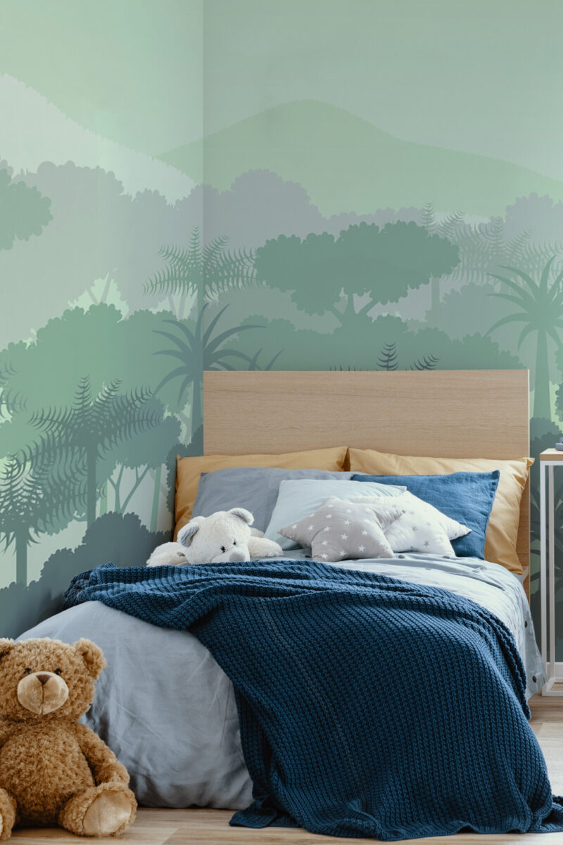 Verdant Tropical View Wall Mural with misty green tropical trees and layered foliage, perfect for kids’ rooms, play areas, or lively accent walls.