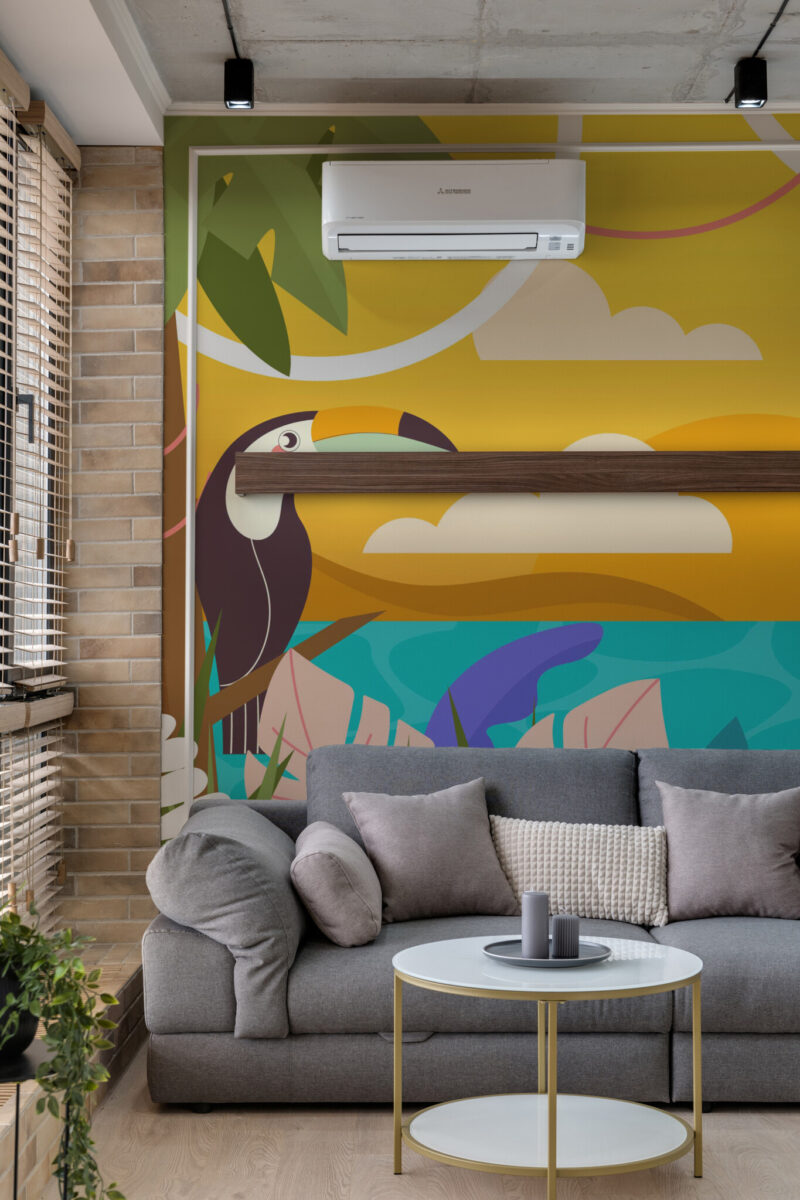 Vibrant Kids Beach Landscape Wall Mural with colorful palms, sandy shores, and birds under a bright sky, perfect for kids’ rooms, play areas, or tropical-themed interiors.