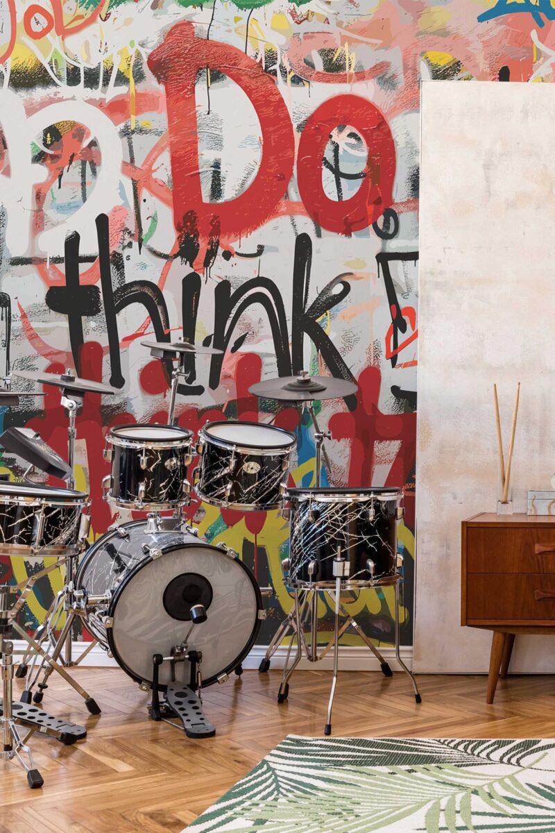 Colorful Urban Brick Graffiti Wall Mural with bold graffiti phrases and strokes on a brick-style surface, ideal for game rooms, accent walls, and modern creative interiors.