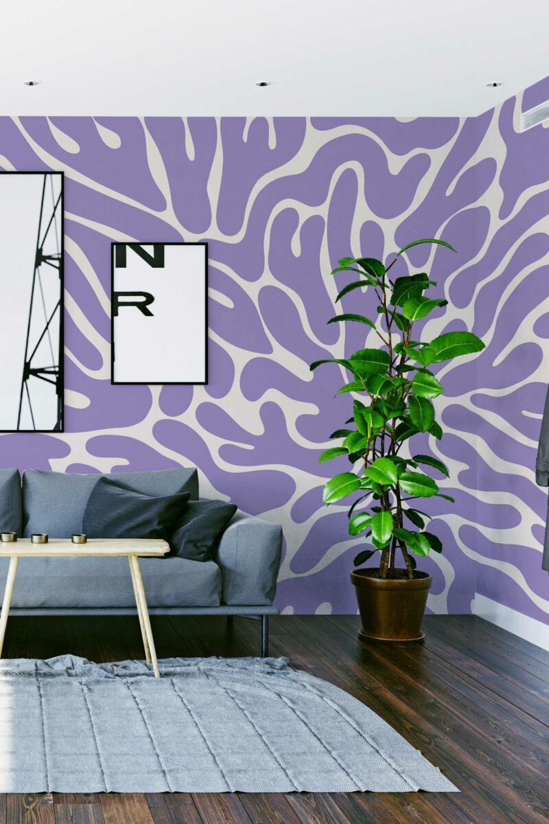 Vibrant Form peel and stick or non-pasted wall mural. Abstract funky purple accent wall mural design for playful and modern interiors.