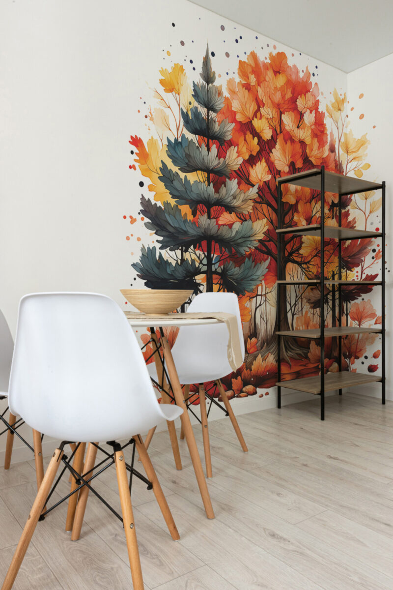 Cozy Autumn Forest wall mural with warm orange watercolor trees and gray forest details, perfect for cozy living rooms or seasonal accent walls.