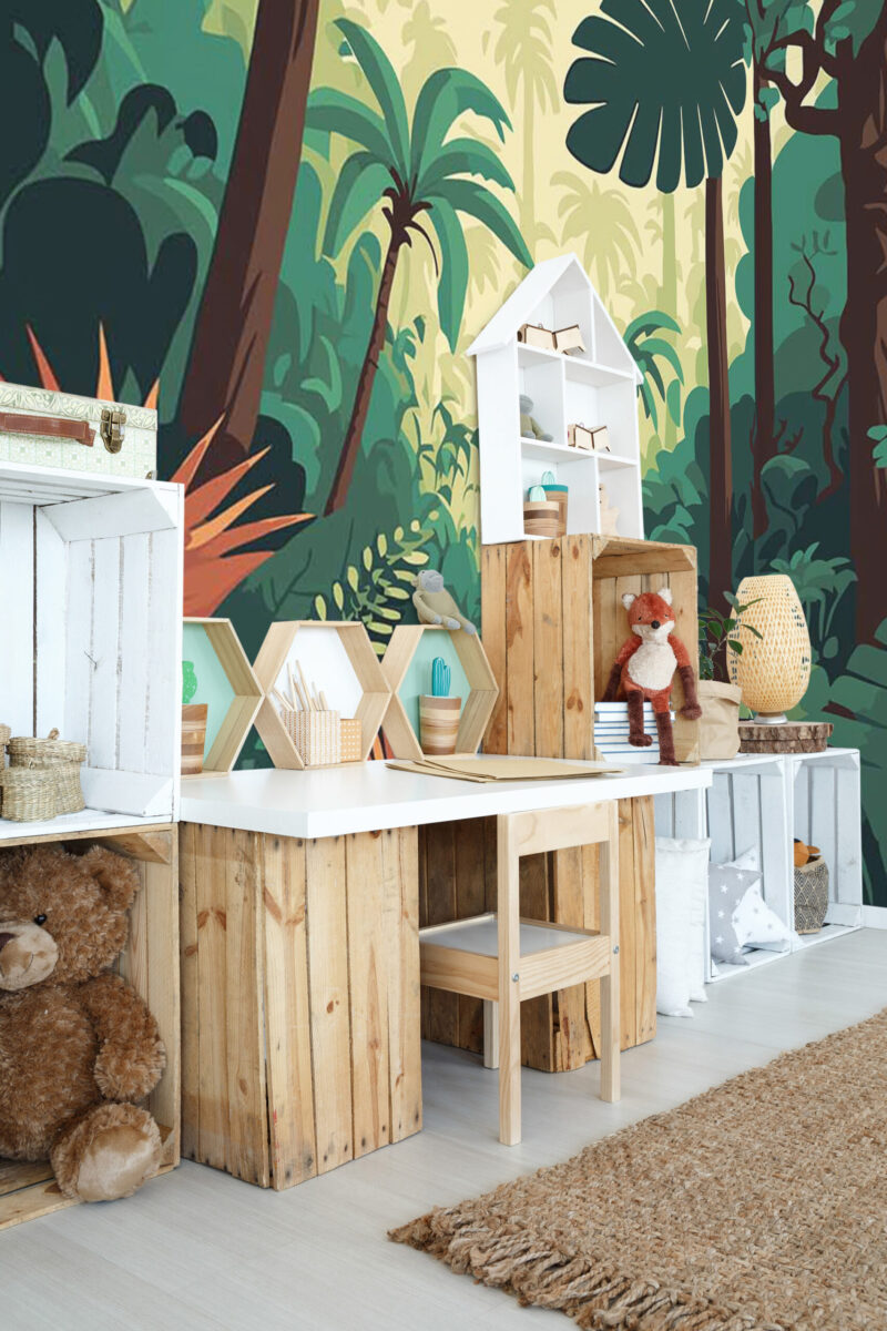 Sunny Green Tropical Forest peel and stick or non-pasted wall mural. Fancy Walls removable self-adhesive or traditional tropical tree and forest eco-friendly and PVC-free kids room mural wallpaper.