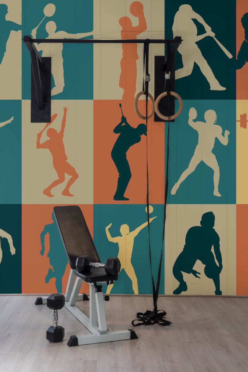 Sport Collage Wall Mural with colorful athlete silhouettes arranged in a bold geometric collage, ideal for gyms, game rooms, or fitness studios.