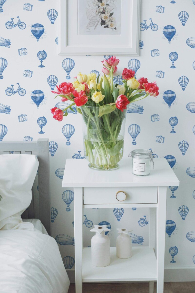 Farmhouse style bedroom decorated with Vintage air balloon peel and stick wallpaper