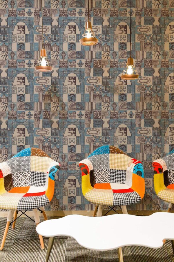 Mid-century modern style living room decorated with Vintage architecture peel and stick wallpaper