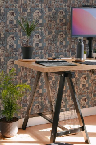 Scandinavian style home office decorated with Vintage architecture peel and stick wallpaper