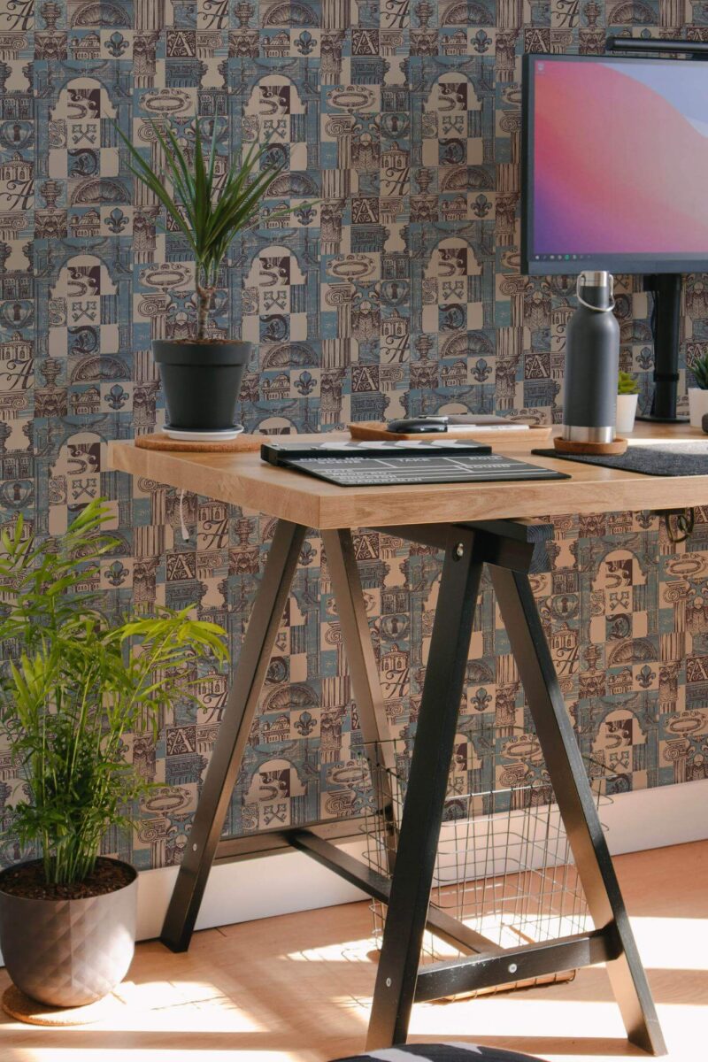 Scandinavian style home office decorated with Vintage architecture peel and stick wallpaper
