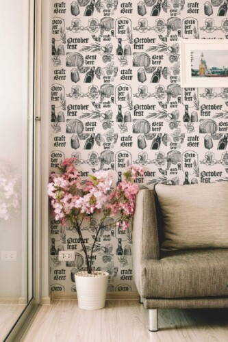 Modern farmhouse style living room decorated with Vintage bar peel and stick wallpaper
