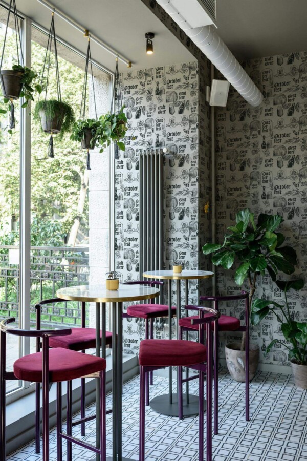 Modern style bar room decorated with Vintage bar peel and stick wallpaper