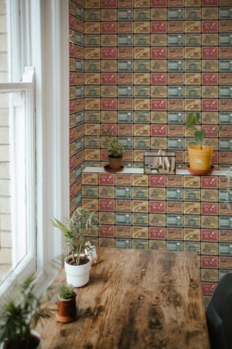 Farmhouse style home office decorated with Vintage Barber shop peel and stick wallpaper