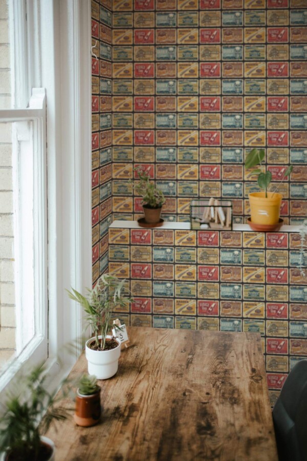 Farmhouse style home office decorated with Vintage Barber shop peel and stick wallpaper