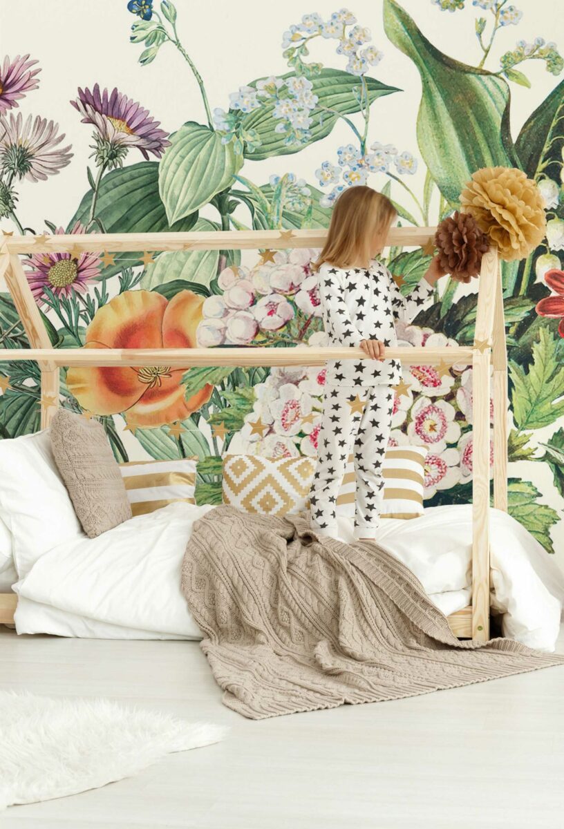 Vintage Blooms peel and stick or non-pasted wall mural. Fancy Walls removable self-adhesive or traditional vintage floral botanical eco-friendly and PVC-free nursery mural for walls.