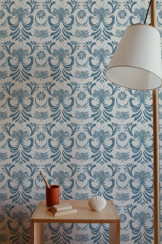 Minimal style bathroom decorated with Vintage blue damask floral peel and stick wallpaper