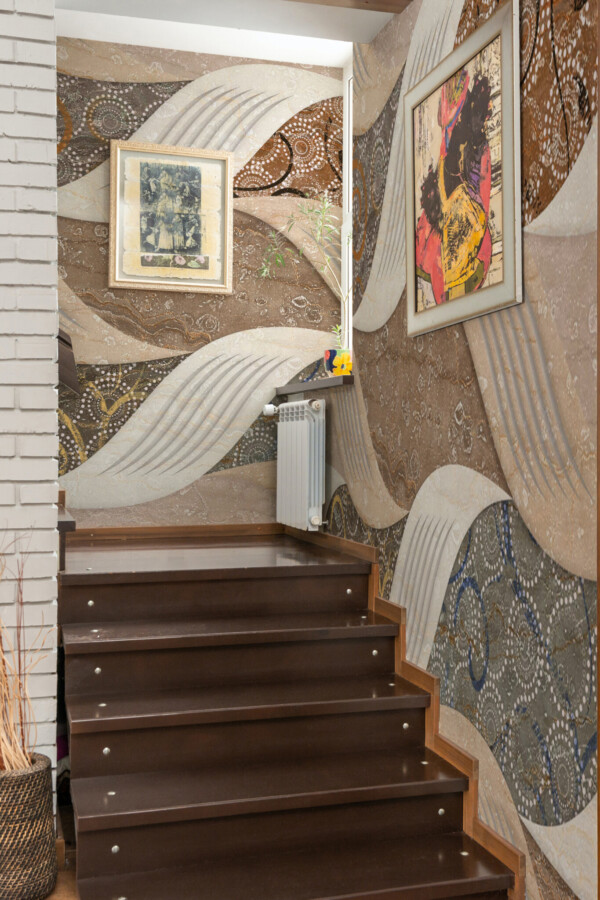 Wall paper mural showcasing brown vintage tile waves with detailed swirls and geometric dots by Fancy Walls