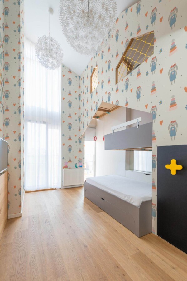 Modern style kids room decorated with Vintage bunny peel and stick wallpaper