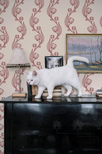 Industrial style music room decorated with Vintage chinoiserie peel and stick wallpaper