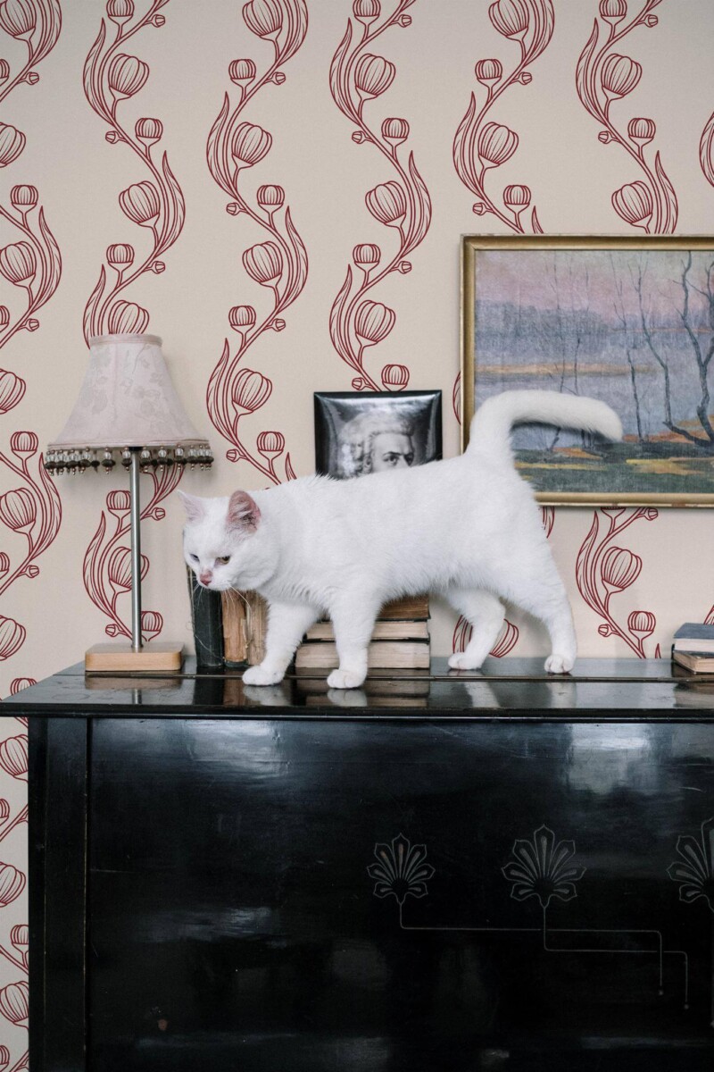 Industrial style music room decorated with Vintage chinoiserie peel and stick wallpaper