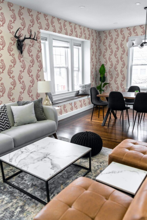Mid-century modern scandinavian style living dining room decorated with Vintage chinoiserie peel and stick wallpaper